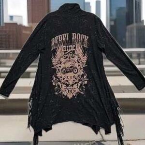 Voice of California | Women’s Black Long Studded Motorcycle  Fringe Jacket | L